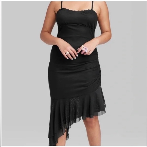 Wild Fable Black Asymmetrical Mesh Midi Dress - Picture 1 of 2